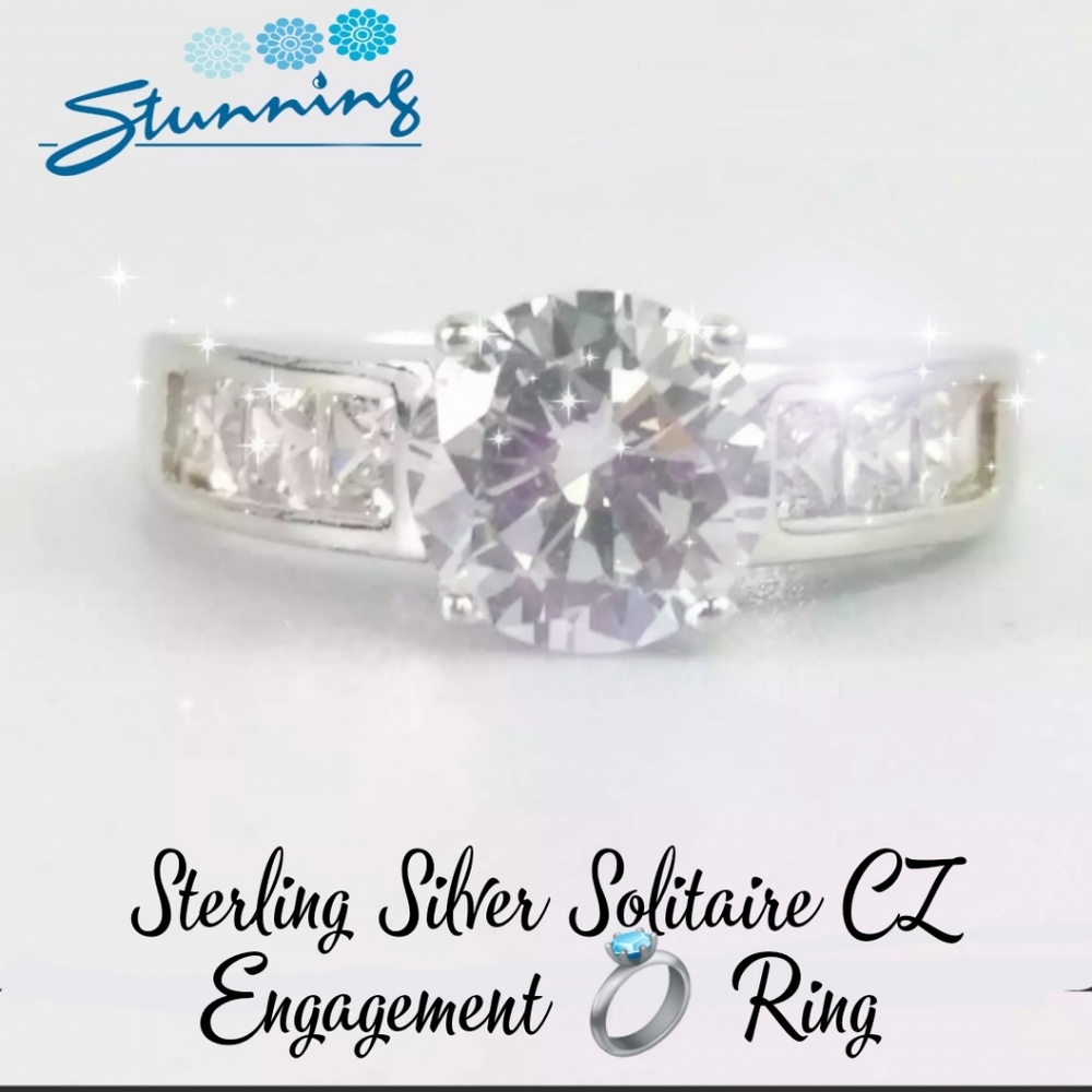 Sale Sterling Silver Solitaire CZ ring. Engagement Wedding